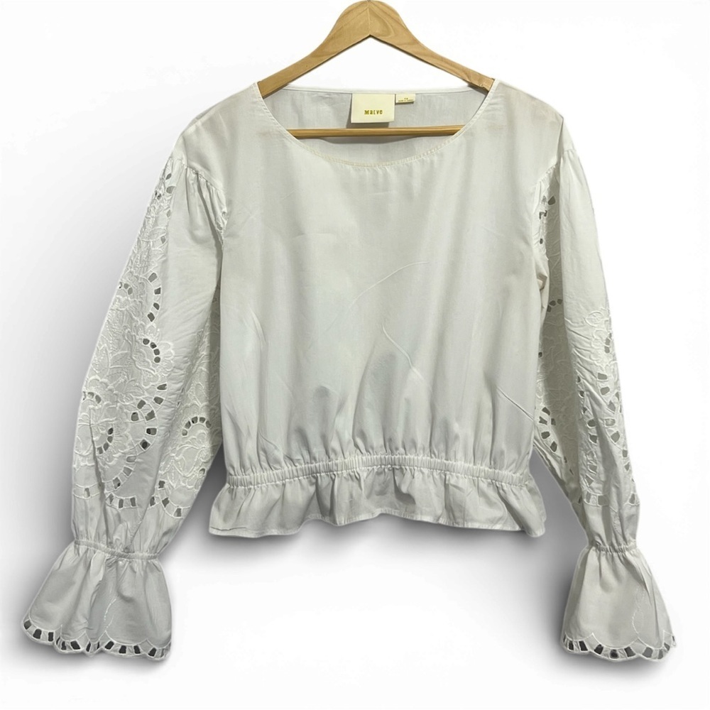 Mauve White Embroidered Sleeve Lace Ruffed Blouse Small